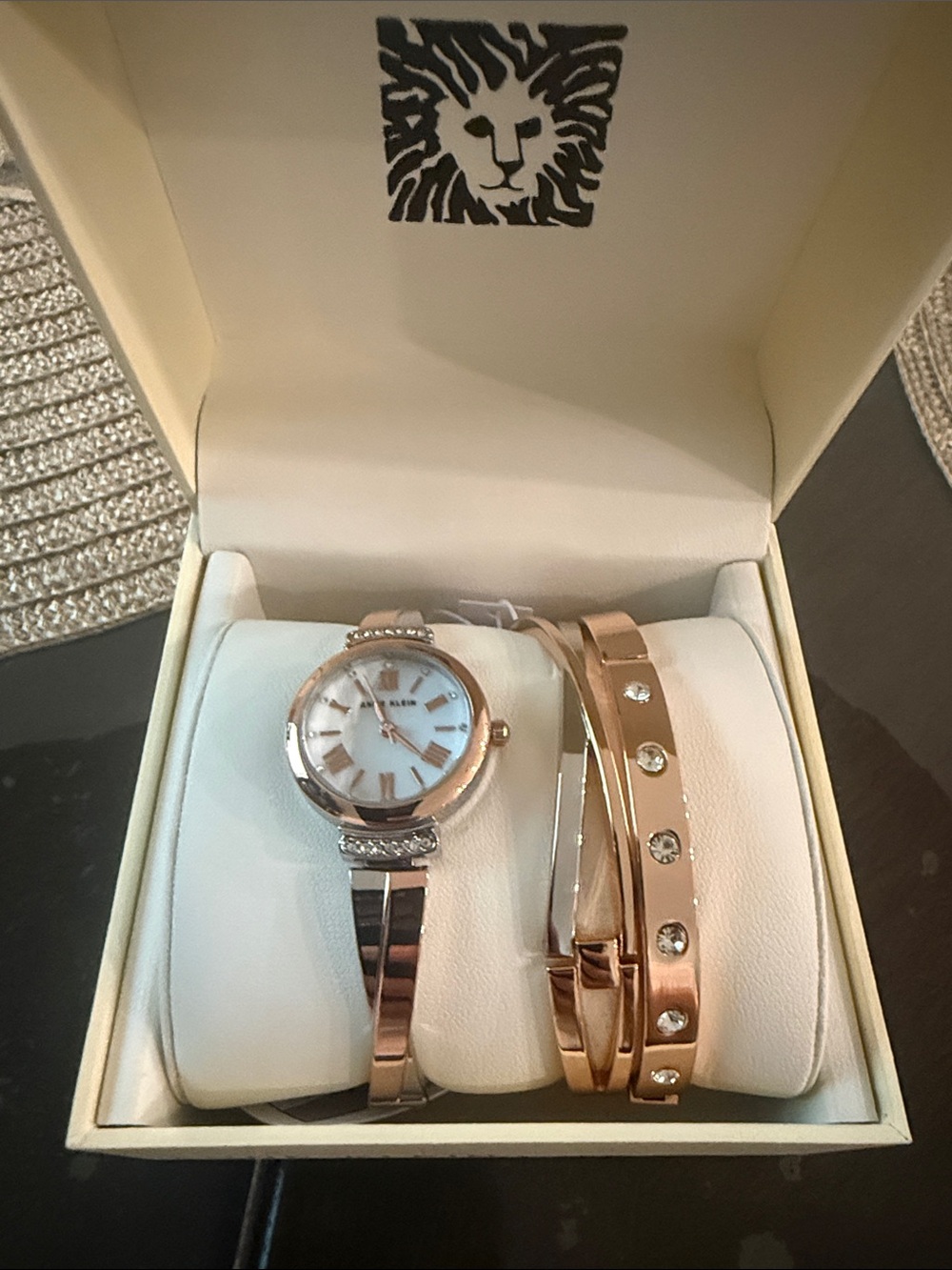 Anne Klein Rose Gold and Silver Women's Watch with Crystal Accent Bangle Set